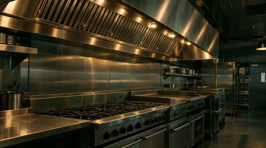 Example of a stainless steel commercial kitchen hood beneath warm kitchen lighting